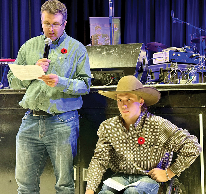 Levi Jamieson’s brother Kelsey Jamieson talking about how the Shriners helped Levi. At right is Levi.<br />